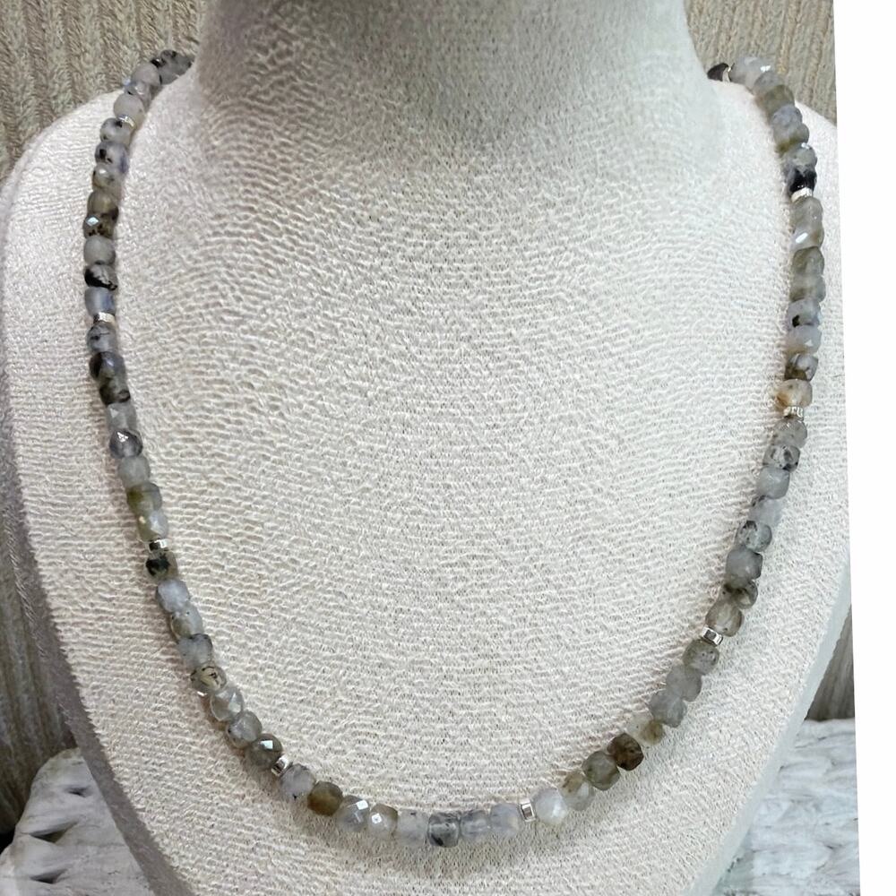 17.5" Beaded Gemstone Necklace, Labradorite, Hematite, Magnetic Clasp, Delicate